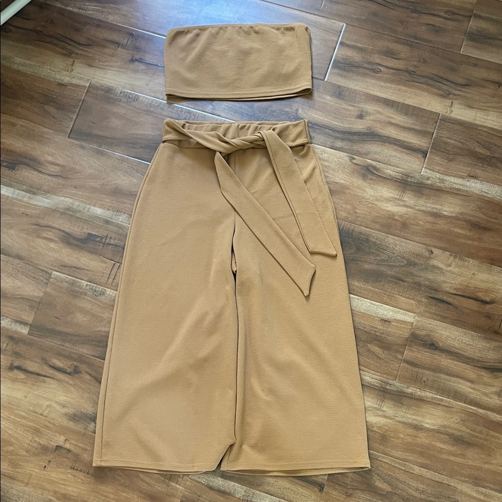 Boohoo Tan Crop Top + Culotte Pants Set
